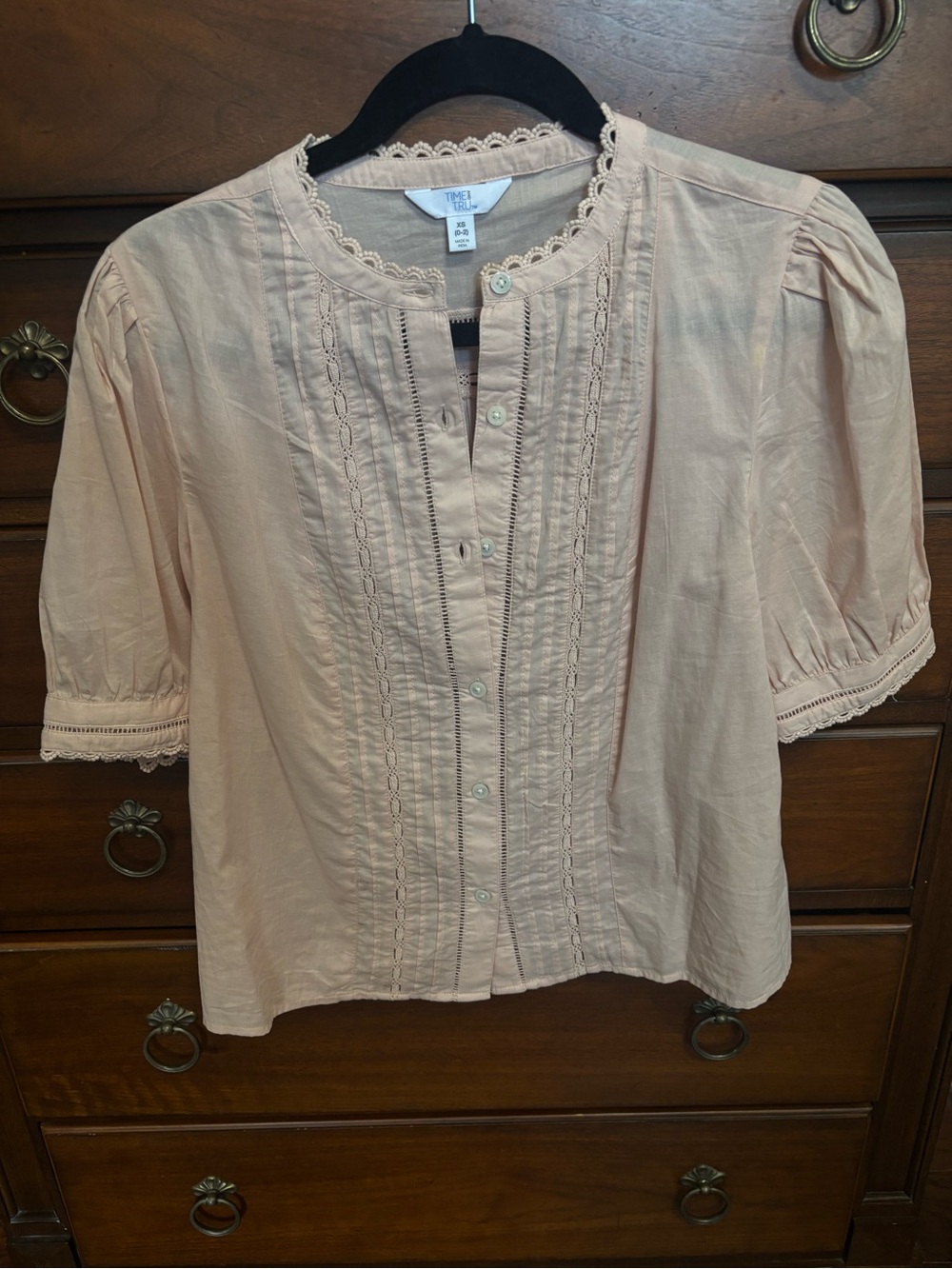Time and Tru Pale Blush Lace-Trim Button Down Blouse